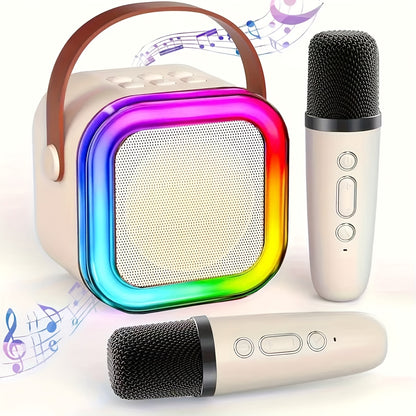 Mini Karaoke Machine with 2 Wireless Microphones, LED Light Effects, and Portable Bluetooth Speaker