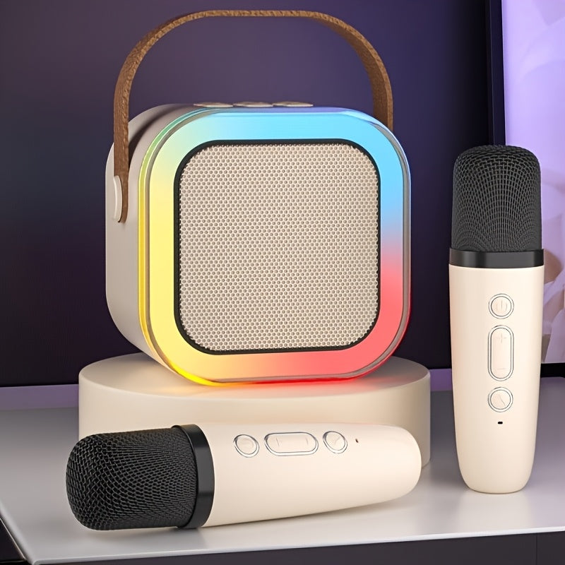 Mini Karaoke Machine with 2 Wireless Microphones, LED Light Effects, and Portable Bluetooth Speaker